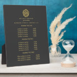 Gold leaves logo grey | spa massage pricing plaque<br><div class="desc">Elegant design displays your services, price list or business information beneath a circle of branches and leaves in faux gold foils and your name or business name. Includes three customizable headings and body text fields. To adjust layout, enter your text and then use the Customize function to change positioning and...</div>