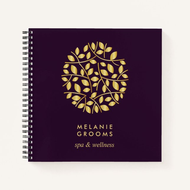 Gold Leaves Logo | Purple | Personalized Monogram Notebook (Front)