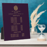 Gold leaves logo purple | spa massage pricing plaque<br><div class="desc">Elegant design displays your services, price list or business information beneath a circle of branches and leaves in faux gold foils and your name or business name. Includes three customizable headings and body text fields. To adjust layout, enter your text and then use the Customize function to change positioning and...</div>