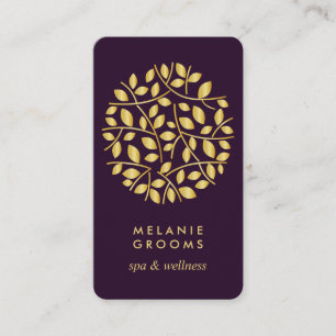 Gold leaves logo Purple wellness massage yoga Business Card
