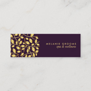 Gold leaves logo Purple  wellness spa massage yoga Mini Business Card