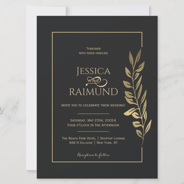 Gold Leaves Modern Black Wedding Invitation (Front)