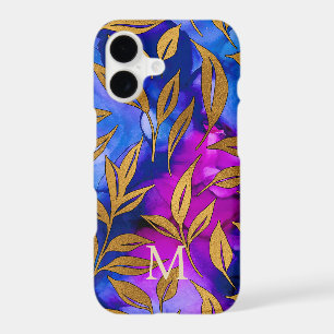 Gold Leaves Monogram Purple Blue Alcohol Ink Art