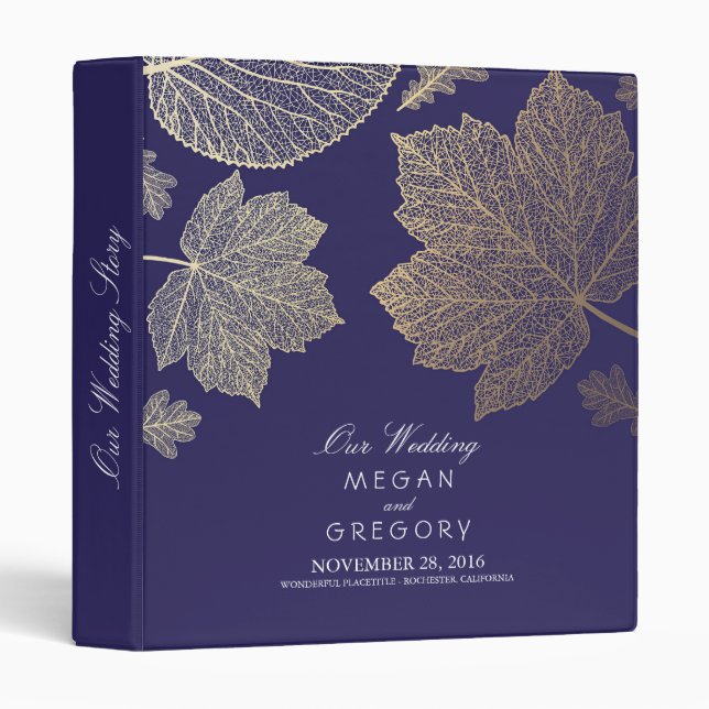 Gold Leaves Navy Fall Wedding Binder (Front/Spine)
