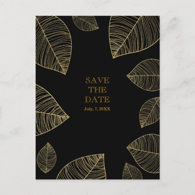 Gold Leaves on Black Elegant SAVE THE DATE Announcement Postcard (Front)