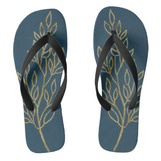 Gold Leaves on Blue Flip Flops