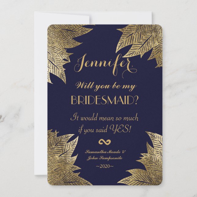 Gold Leaves on Navy Blue Bridesmaids Invitations (Front)