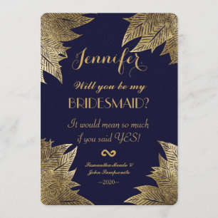 Gold Leaves on Navy Blue Bridesmaids Invitations