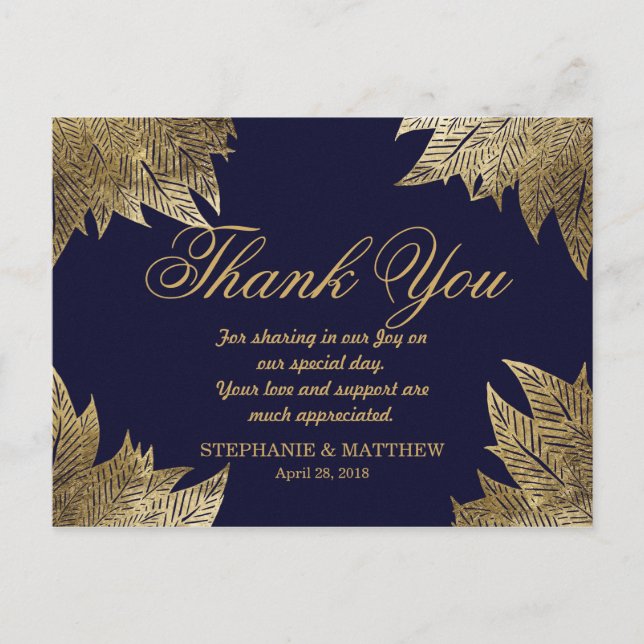 Gold Leaves on Navy Blue Thank You Postcards (Front)