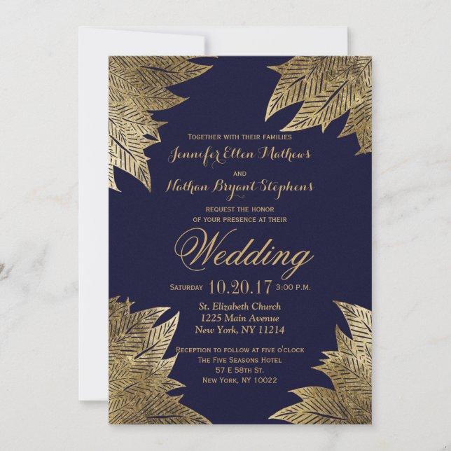 Gold Leaves on Navy Blue Wedding Invitations (Front)