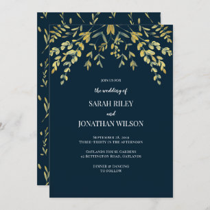 Gold Leaves on Navy Wedding invitation