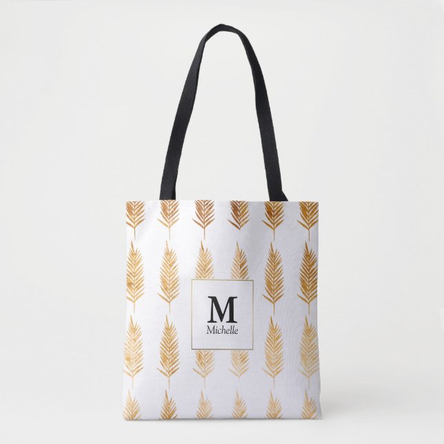 Gold Leaves Pattern Monogram Tote Bag (Front)