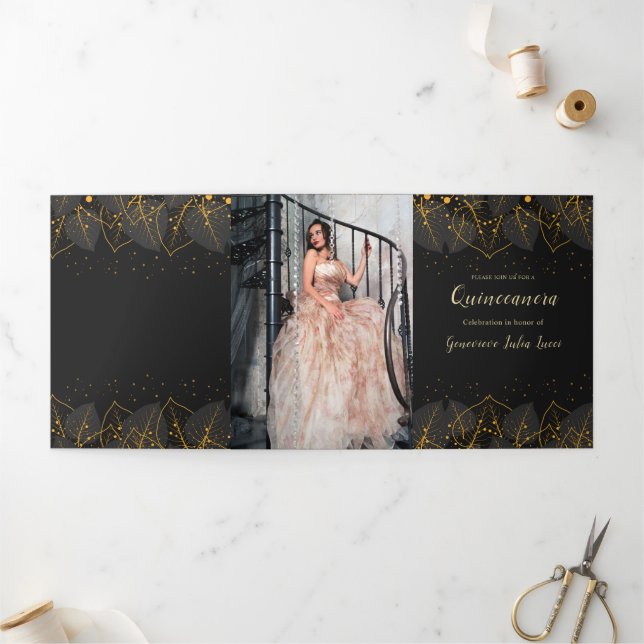 Gold Leaves Quinceanera Party Invitation (Outside)
