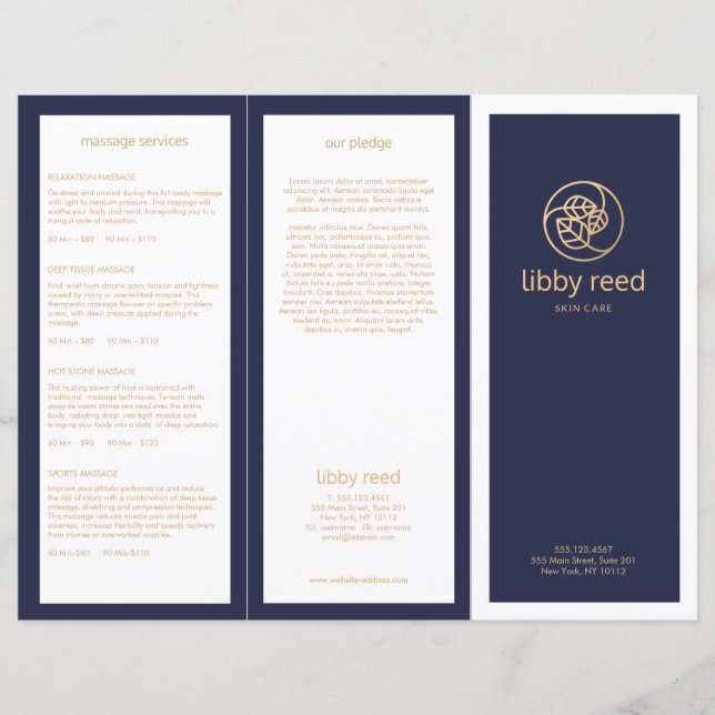 Gold Leaves SkinCare Spa TriFold Navy Brochure (Front)