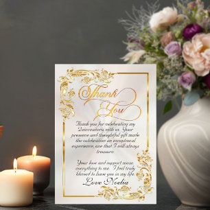 Gold Leaves & Tiara - Pearl Quinceanera Thank You Card