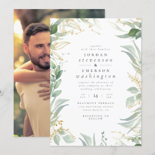 Gold Leaves & Watercolor Branches Wedding Photo Invitation