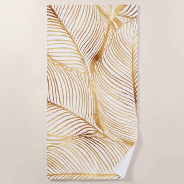 Gold Leaves White Elegant Pattern Beach Towel (Front)