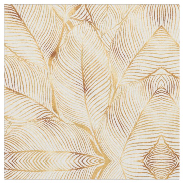 Gold Leaves White Elegant Pattern Fabric (Close Up)