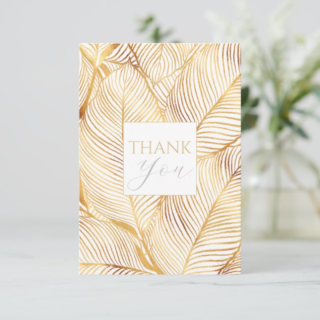 Gold Leaves White Elegant Pattern Thank You Card (Standing Front)