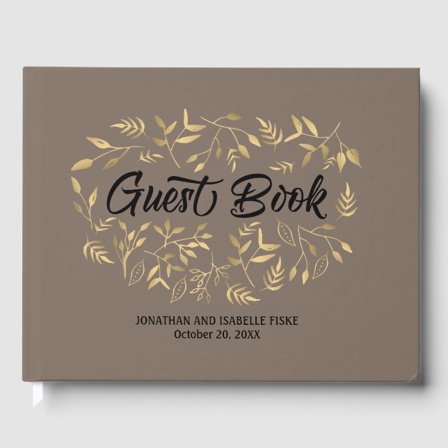 Gold Leaves with Black Text on Taupe Wedding Guest Book (Front)