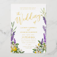 Gold Lemon & Lavender Foliage Wedding Invitation