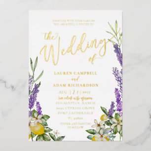 Gold Lemon & Lavender Foliage Wedding Invitation