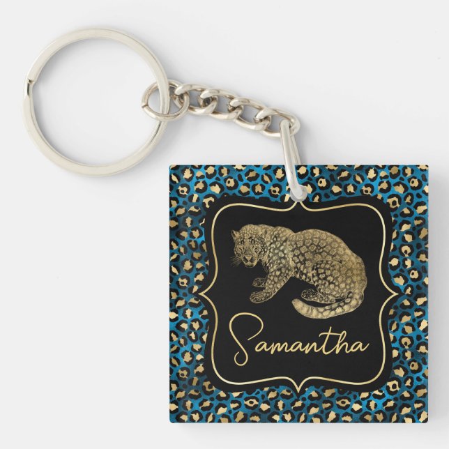 Gold Leopard and Blue Leopard Print Keychain (Front)