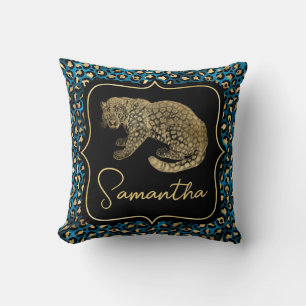 Gold Leopard and Blue Leopard Print Throw Pillow