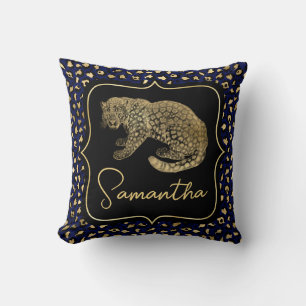 Gold Leopard and Blue Leopard Print Throw Pillow
