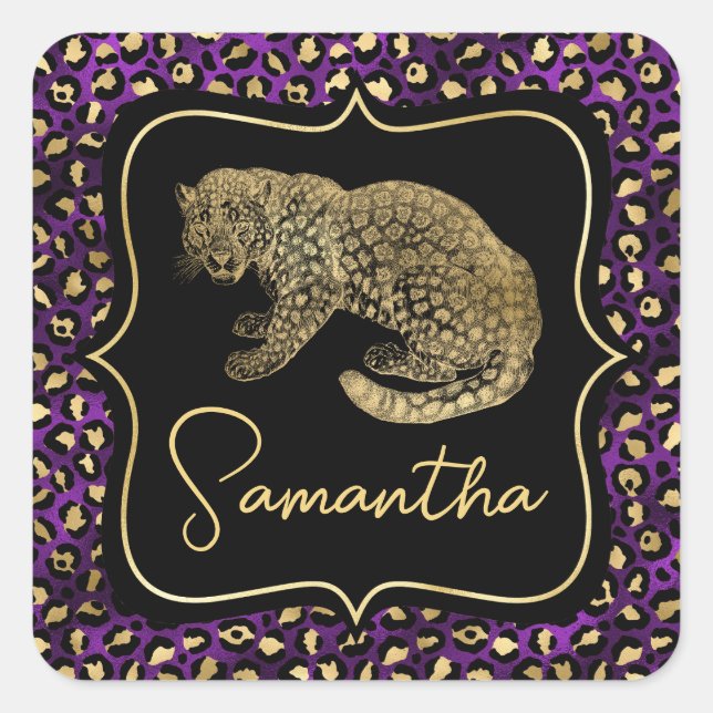Gold Leopard and Purple Leopard Print Square Sticker (Front)
