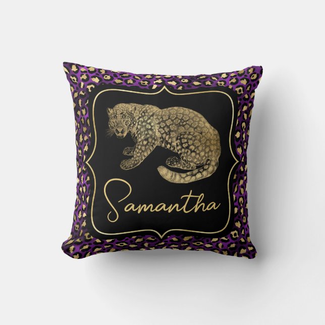 Gold Leopard and Purple Leopard Print Throw Pillow (Front)