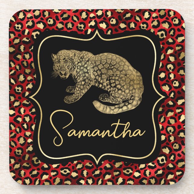 Gold Leopard and Red Leopard Print Coaster (Front)