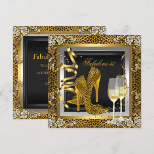 Gold Leopard Black High Heels Shoes Birthday Invitation