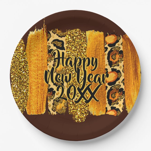 Gold & Leopard Brush Stroke Happy New Year 20xx 9" Paper Plate (Front)