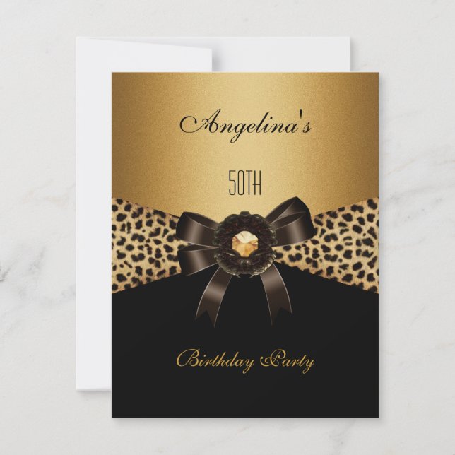 Gold Leopard Coffee Brown Black 50th Birthday Invitation (Front)