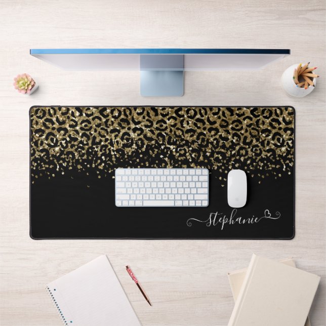 Gold Leopard Glitter Monogram Black Desk Mat (Office 1)