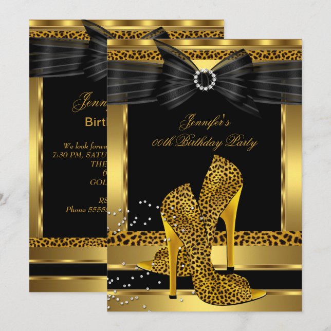 Gold Leopard High Heel Shoe Black Birthday Party Invitation (Front/Back)