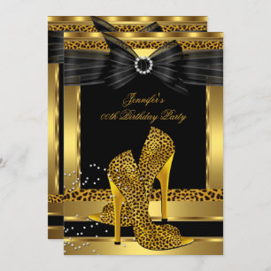 Gold Leopard High Heel Shoe Black Birthday Party Invitation