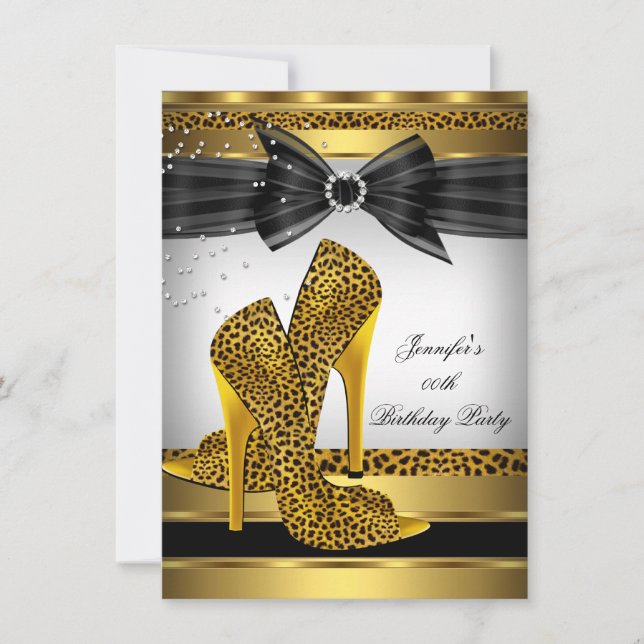 Gold Leopard High Heel Shoe Silver Birthday Party Invitation (Front)