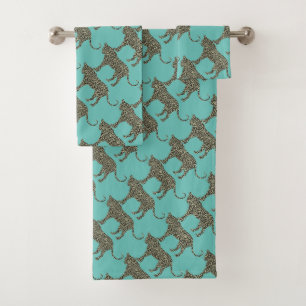 Gold leopard on teal towel set
