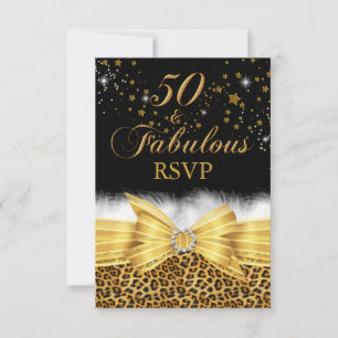 Gold Leopard Print & Bow 50 & Fabulous RSVP Invitation