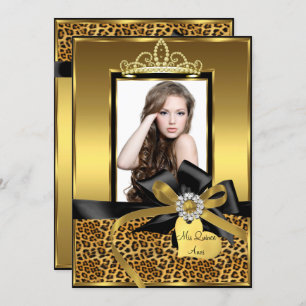Gold Leopard Print Bow Photo Quinceanera Invite