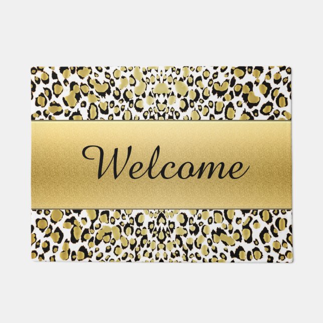 Gold Leopard Print Customizable Welcome Mat (Front)