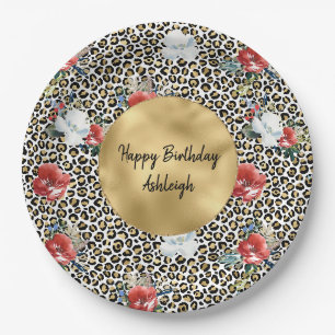 Gold Leopard Print Floral personalized Paper Plate