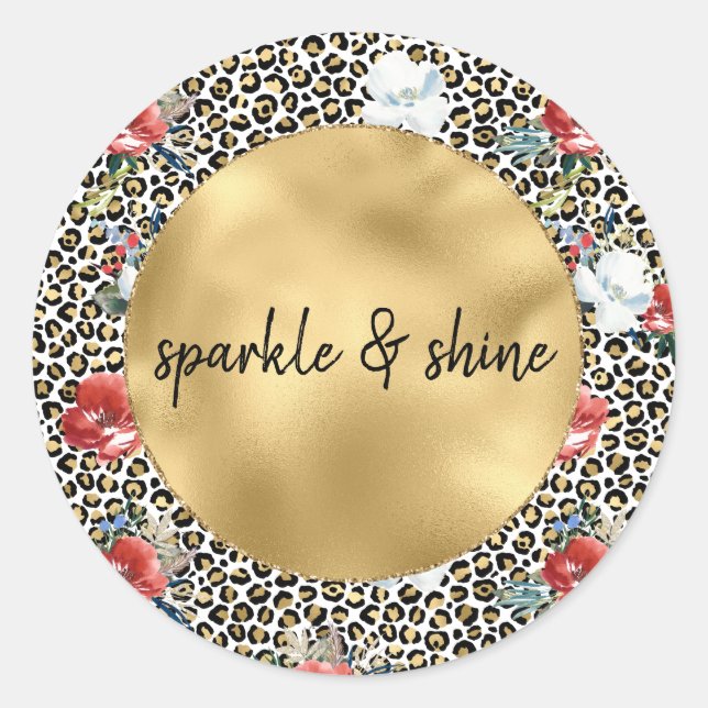 Gold Leopard Print Floral personalized quote Classic Round Sticker (Front)