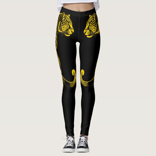 Gold Leopard Print Fun Safari Pattern Leggings (Front)