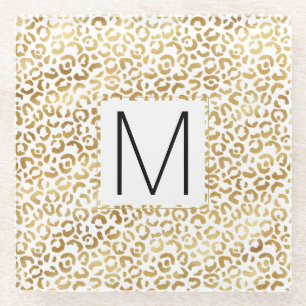 Gold Leopard Print Monogram Glass Coaster