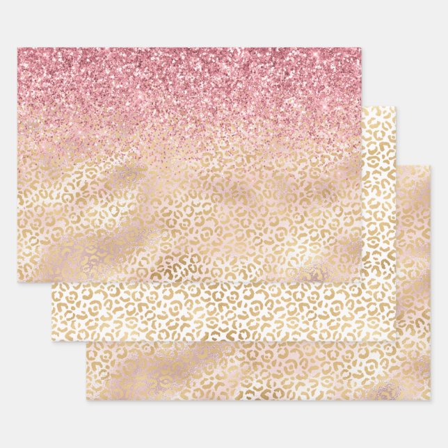 Gold Leopard Print Pink Glitter Glitz Wrapping Paper Sheet (Set)