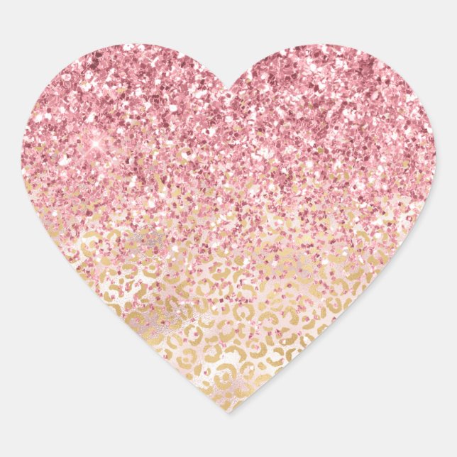 Gold Leopard Print Pink Glitter Heart Sticker (Front)