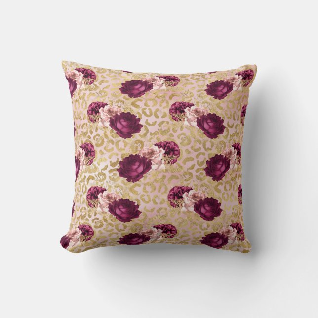 Gold Leopard Print Pink Roses Floral Throw Pillow (Front)